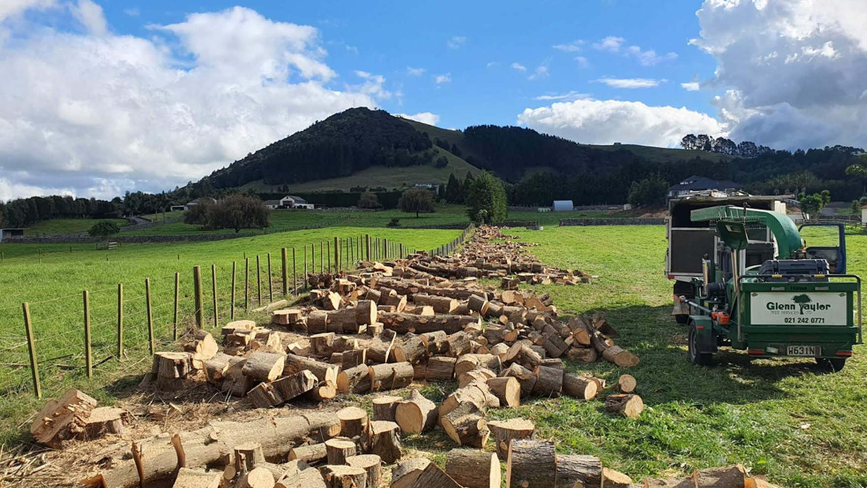 A long row of cut tree rounds along a fence line in a paddock, with the green Glenn Taylor chipper parked beside it and a hill behind